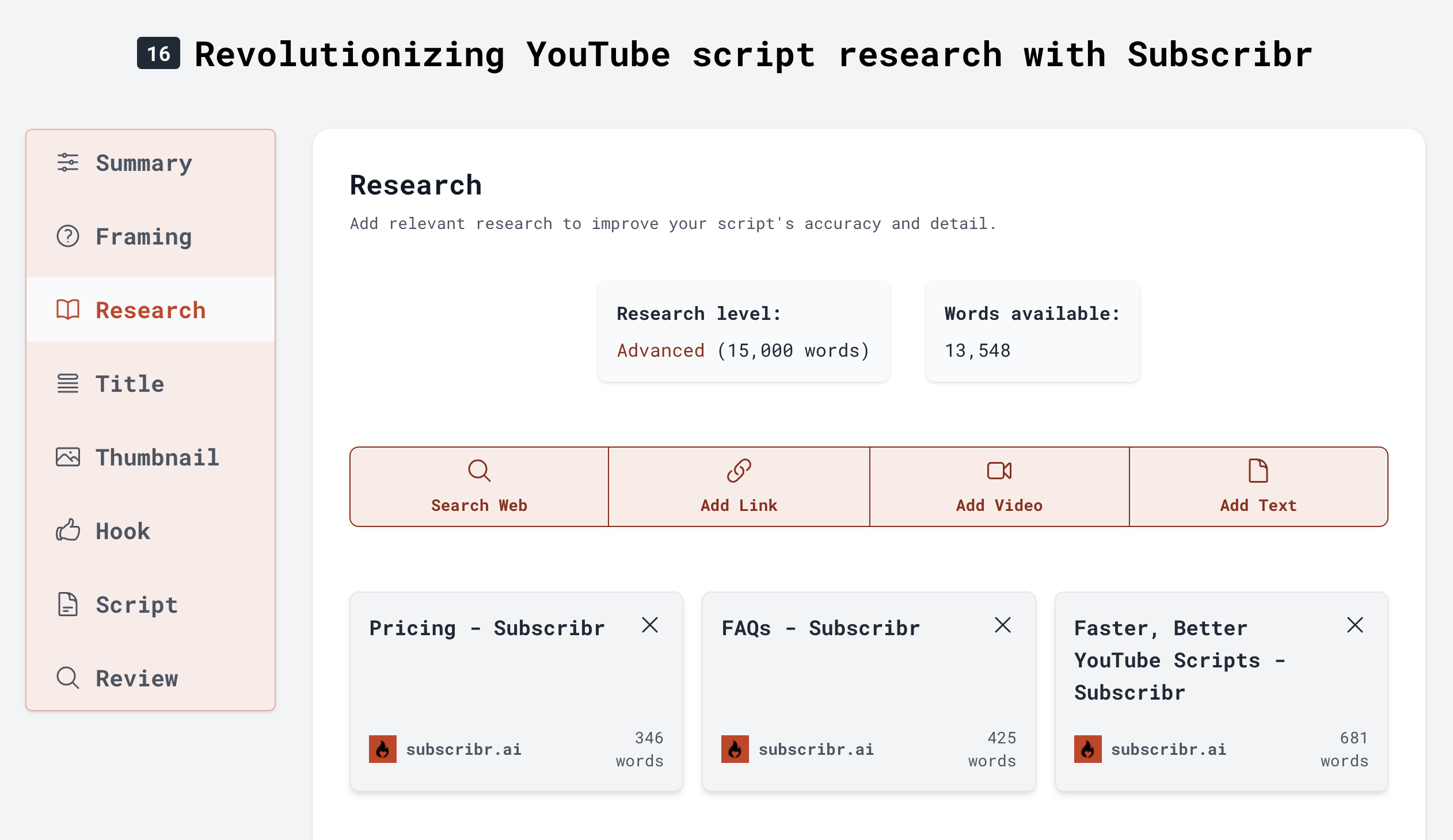 The user interface of the Youtube script research tool by Subscribr